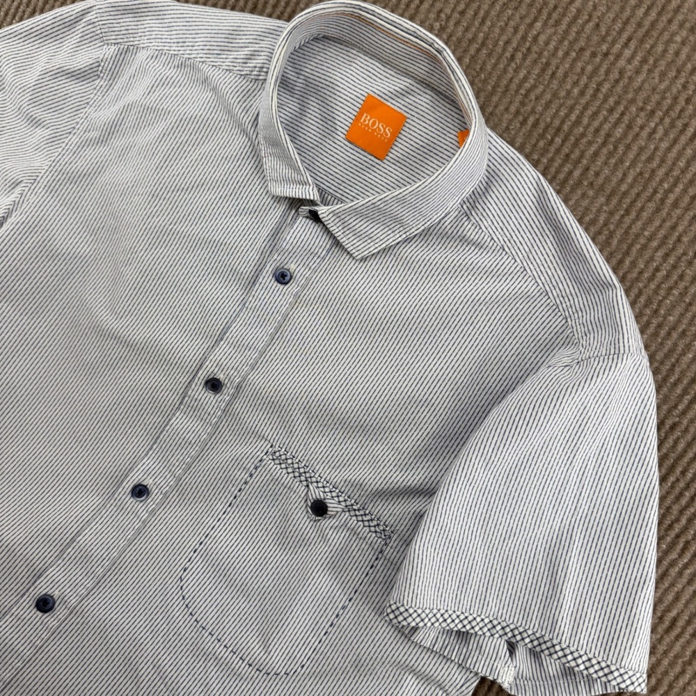 Hugo Boss Boss Orange Shirt Mens Small Blue Striped Short Sleeve Button Up